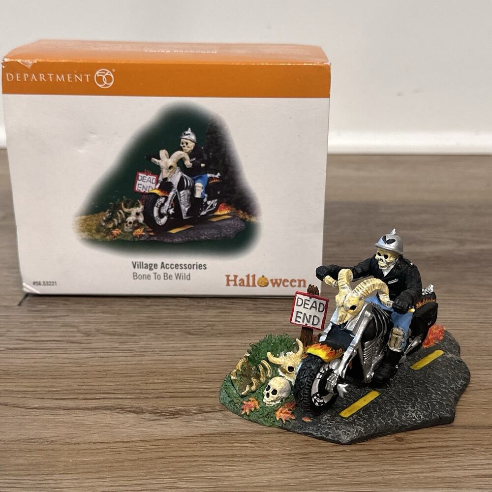 Dept 56 Halloween Village Accessories Bone To Be Wild Skeleton Motorcycle EUC